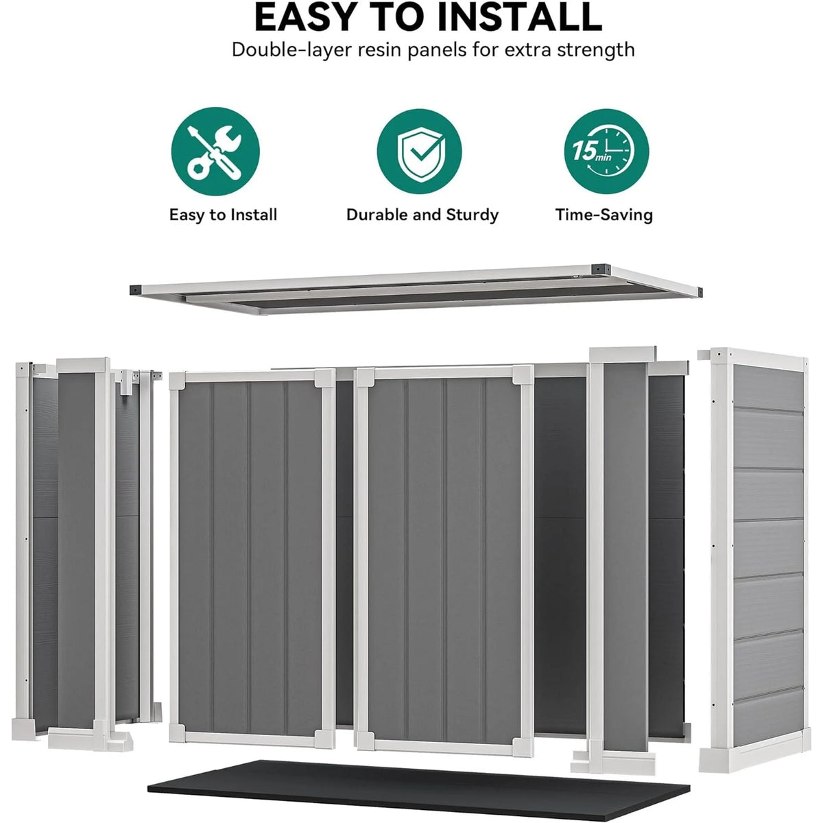 Shinpt Outdoor Storage Shed, 41 Cu Ft. All-Weather Resin Tool Shed, Lockable Double Door Shed for Storage of Garden Tools, Pool Accessories, Bikes, Garbage Bin, for Garden, Yard Lawn Pool