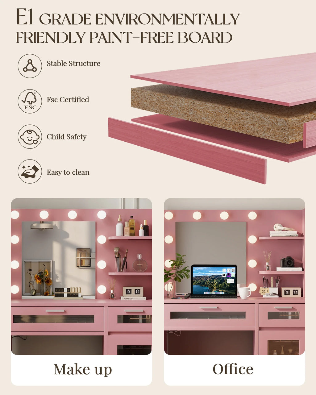 LIVELYGLOW Vanity Desk with Mirror and Lights, Makeup Vanity with Drawer & Storage Shelves, Cabinet, 3 Lighting Modes Adjustable Brightness,White