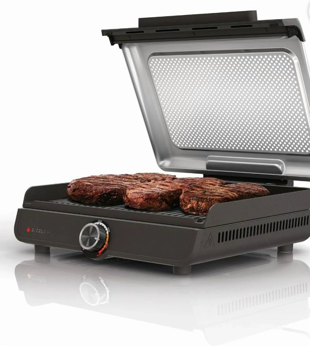 Ninja Sizzle Indoor Grill, 500F High Heat Kitchen Grill with Nonstick 14 Inch Plate, Low-Smoke Technology, Edge-to-Edge Heating, Family-Sized Capacity, Countertop Cooking Tool (GR100)