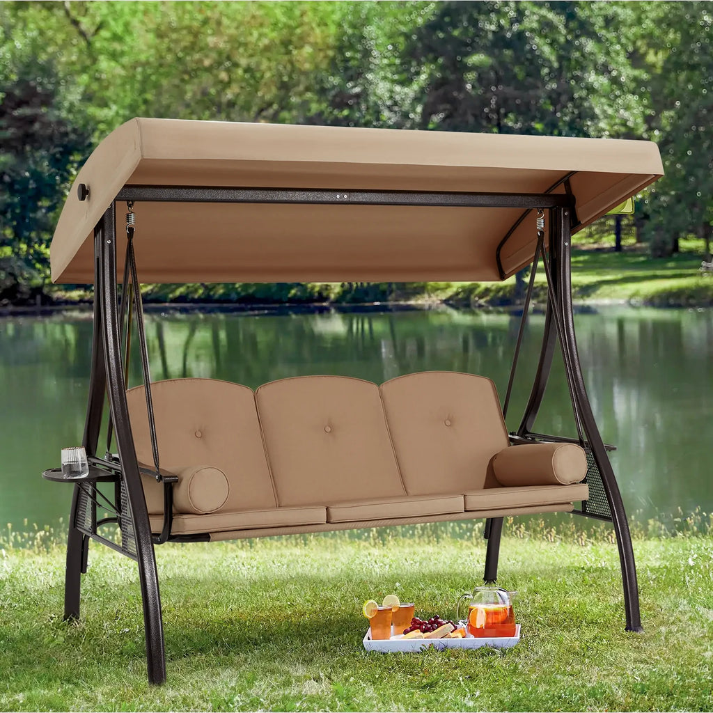 Homrest 3 Person Patio Outdoor Porch Swing with Adjustable Canopy, Backrest, Swing Bed with Stand for Garden,Deck