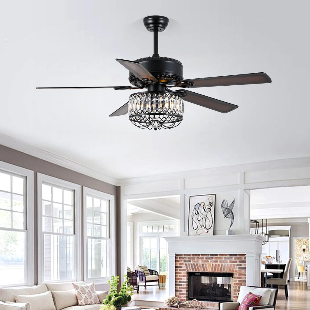 Kviflon 52" Farmhouse Ceiling Fan with Lights & Remote, Crystal Chandelier, Wood Blades, Quiet Motor, 6-Speed, Timer, Modern Lighting for Living Room, Bedroom, Dining Room, Chrome Finish