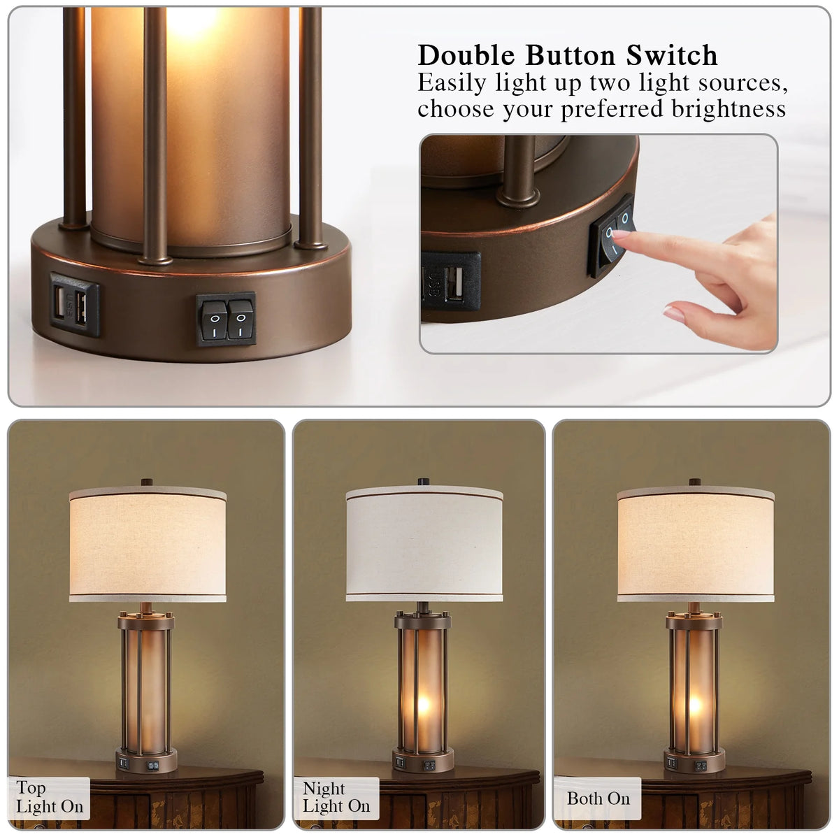RORIA 24 Modern Living Room Table Lamp 2-Piece Set with 2 USB Charging Ports, Built-in White Frosted Glass with Night Light, Black Vintage Rustic Farmhouse Lamp for Bedroom Nightstand Lamps