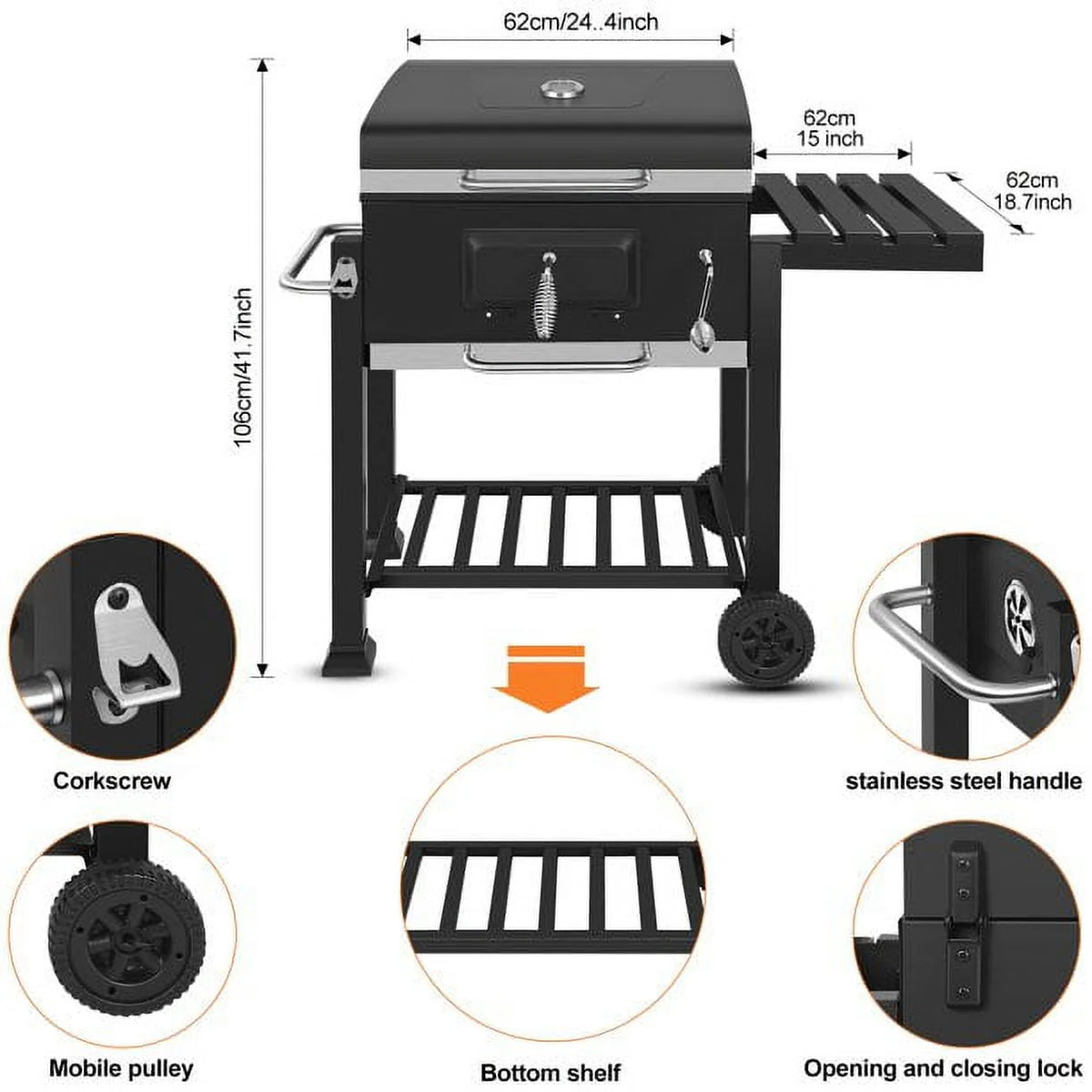AEDILYS 25 inch Charcoal Grill Outdoor Smoker with Side Tables, for BBQ