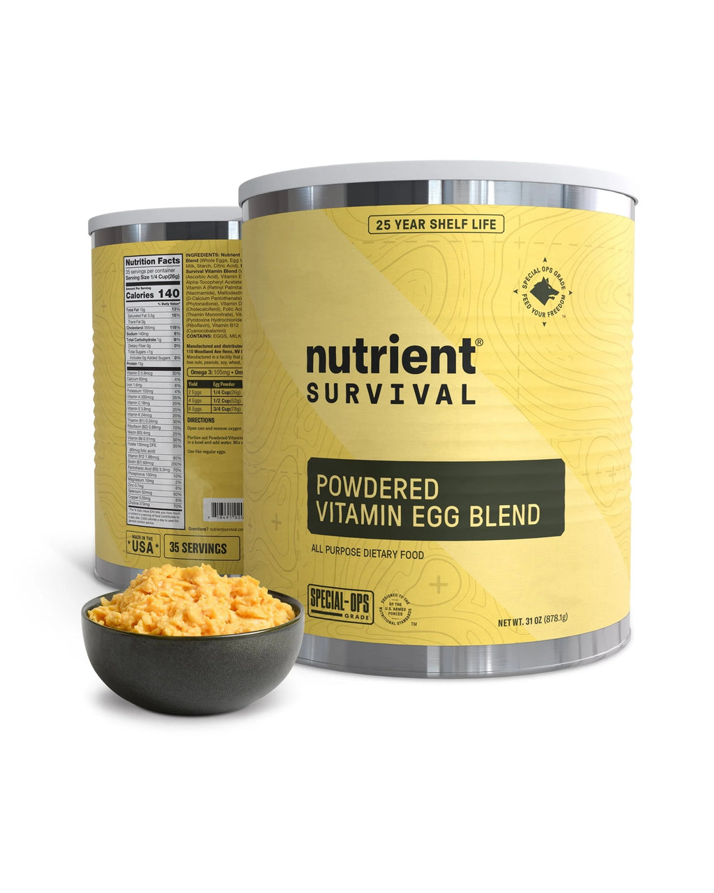 Nutrient Survival Vitamin Powdered Eggs Blend, Freeze Dried Prepper Supplies & Emergency Food Supply, 33 Essential Nutrients, Gluten Free, Shelf Stable Up to 25 Years, One Can, 70 Egg Equivalent