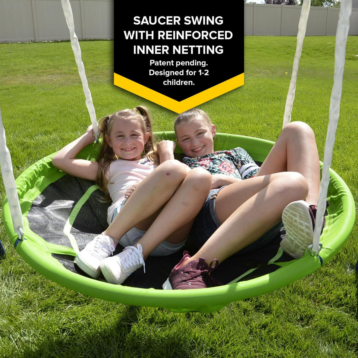 Sportspower Outdoor Rosemead Metal Swing Set with Roman Glider. Saucer. 6.5′ Slide with Lifetime Warranty. and Bonus Anchor Kit. Great for Kids Aged 3-8