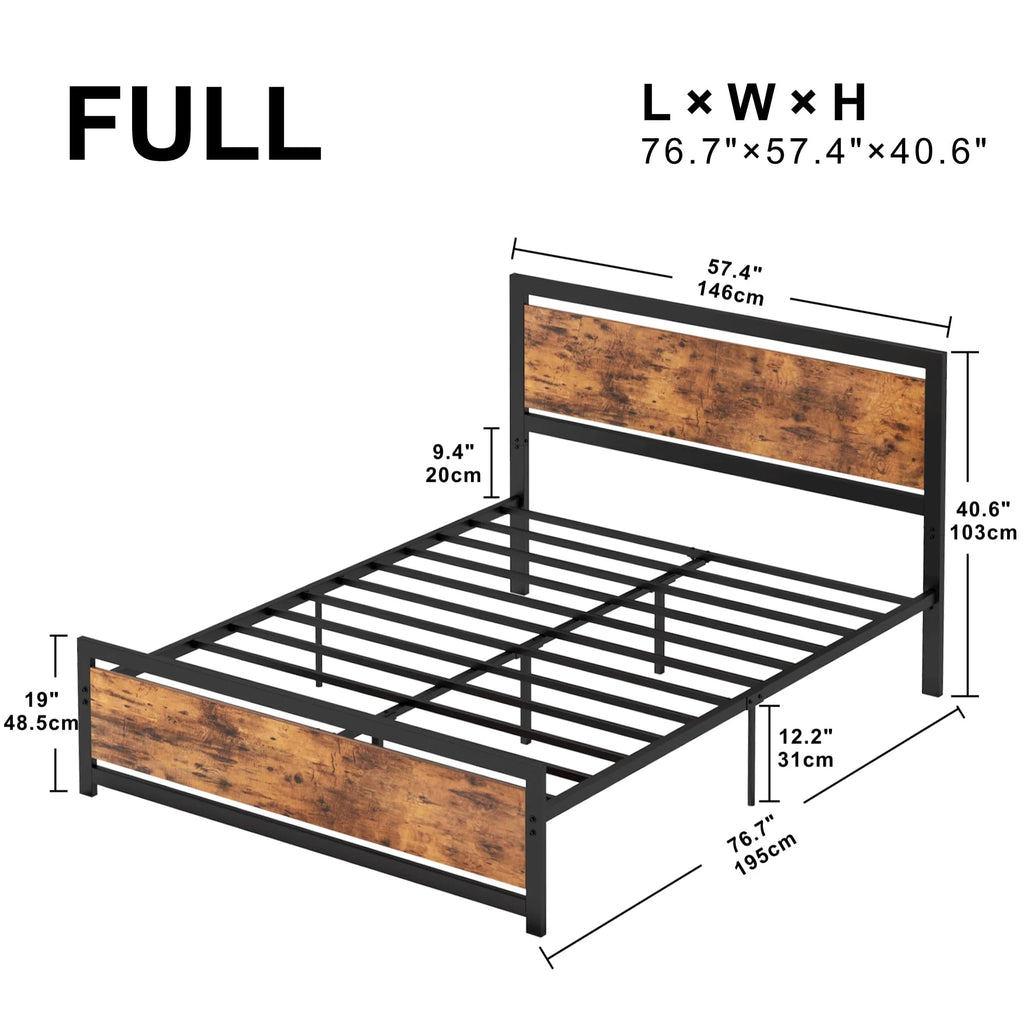 LIKIMIO Industrial Full Bed Frame with MDF Headboard, Strong Supports