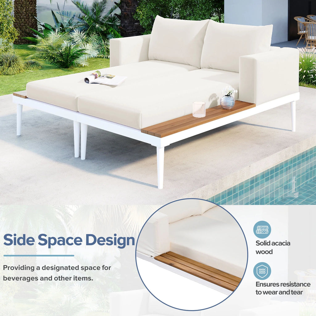 Harper & Bright Designs Patio Outdoor Metal Daybed for 2, All Weather Outdoor Chaise Lounges Reclining Chairs with Wood Topped Side Spaces for Drinks for Poolside Balcony Deck, Gray