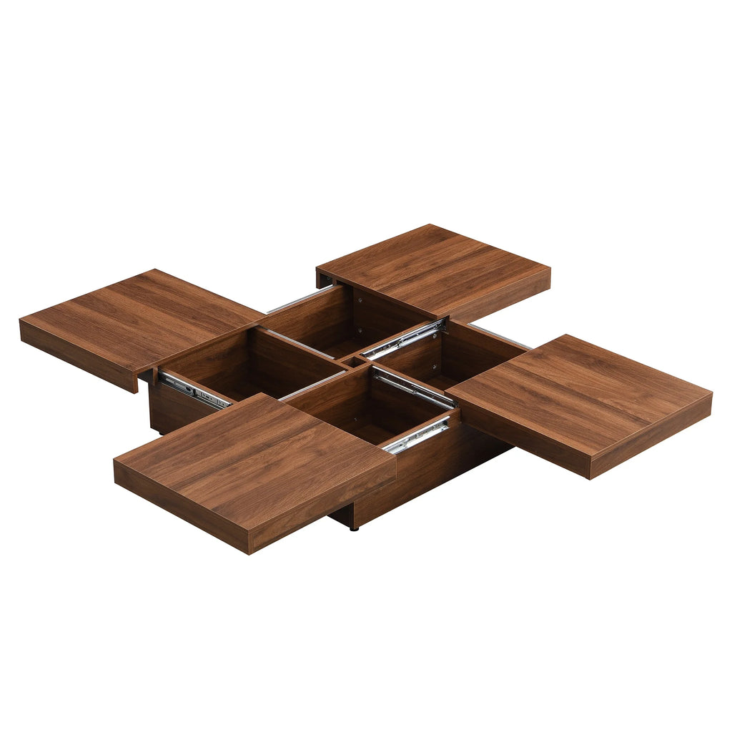PORKISS Square Coffee Table, Modern Coffee Table with Sliding Top and Storage Space, Cocktail Table with Storage and Grain Veneer Finish, Freestanding Storage Coffee Table for Living Room, Walnut