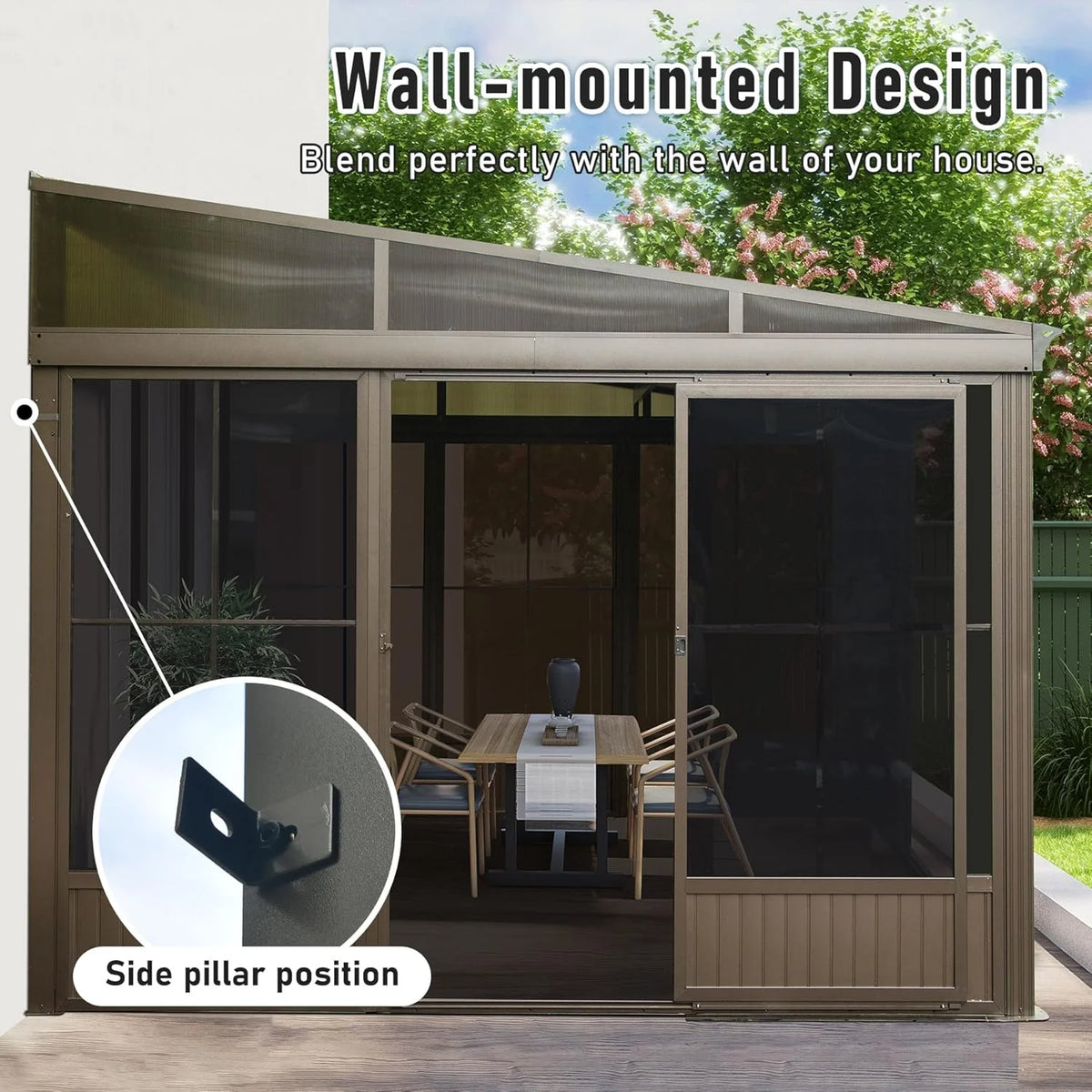 TOTAL Outdoor 10'x12' All-Season Sunroom Gazebo with Steel Roof, PVC Screen, Front & Side Door, Brown