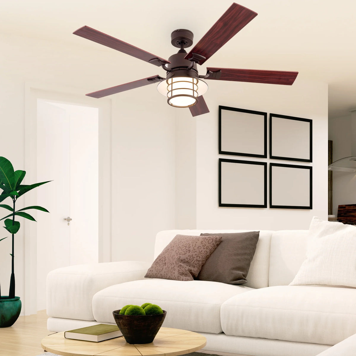 Simpol 52" Prominent Indoor Ceiling Fan with LED Light, Pull Chain and Remote Control, Reversible AC Motor, Walnut/Silver Reversible Blades and Satin Nickel Finish