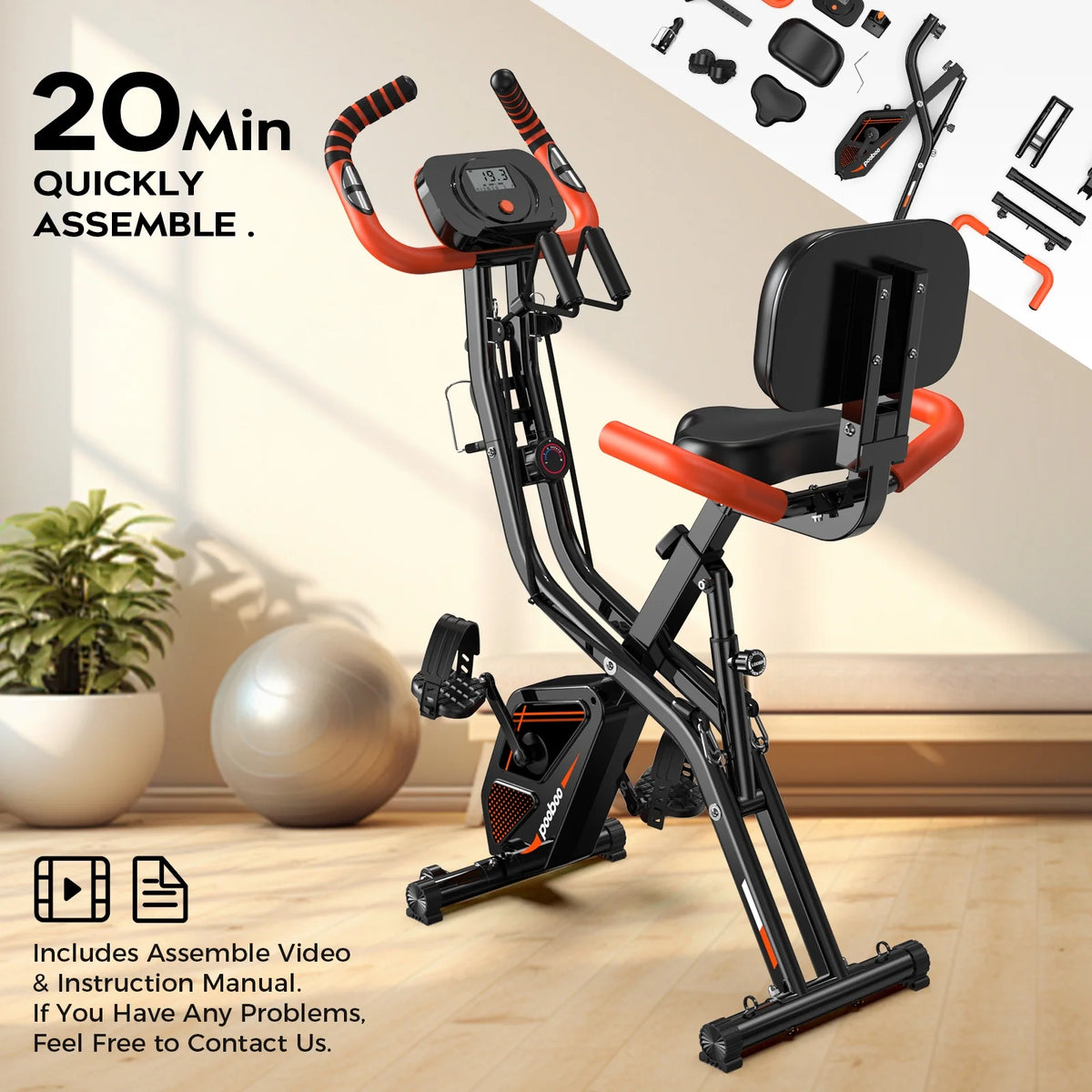 pooboo 4-in-1 Exercise Bike, Foldable Stationary Bike, Tri-Position Indoor Cycling Bike with 8-Level Resistance, Arm Resistance Bands, Pulse Sensor & Back Support Cushion for Home Gym Workout