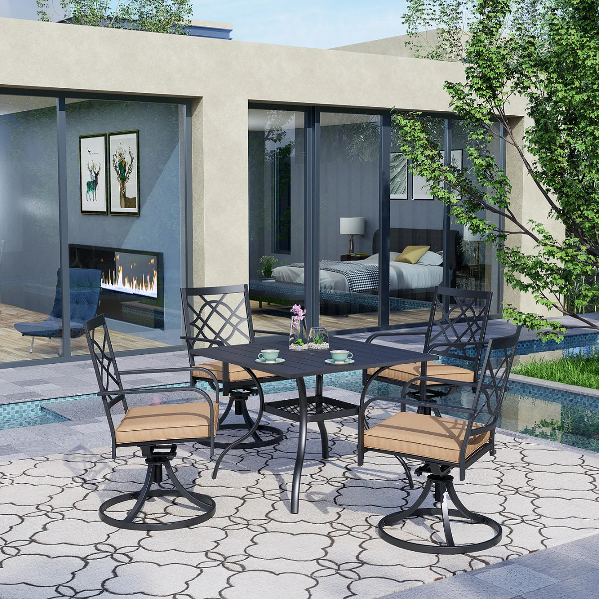 SUNCROWN 5-Piece Outdoor Wrought Iron Chairs and Table Patio Dining Furniture Set - 4 Stackable Metal Chairs, 1 Steel Slat Bistro Table and 1 Sky Blue 9Ft Patio Umbrella for Garden Backyard Deck