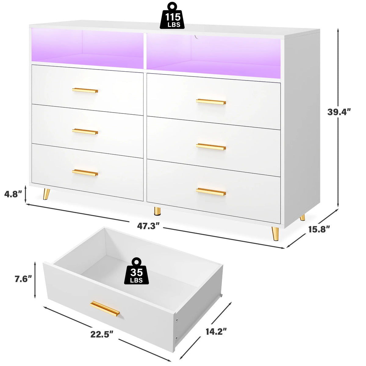 EnHomee Dresser with LED Lights Drawer Dresser with 6 Deep Drawers Wood Dresser for Bedroom TV Stand Dressers & Chests of Drawers Wide Led Dressers,Black