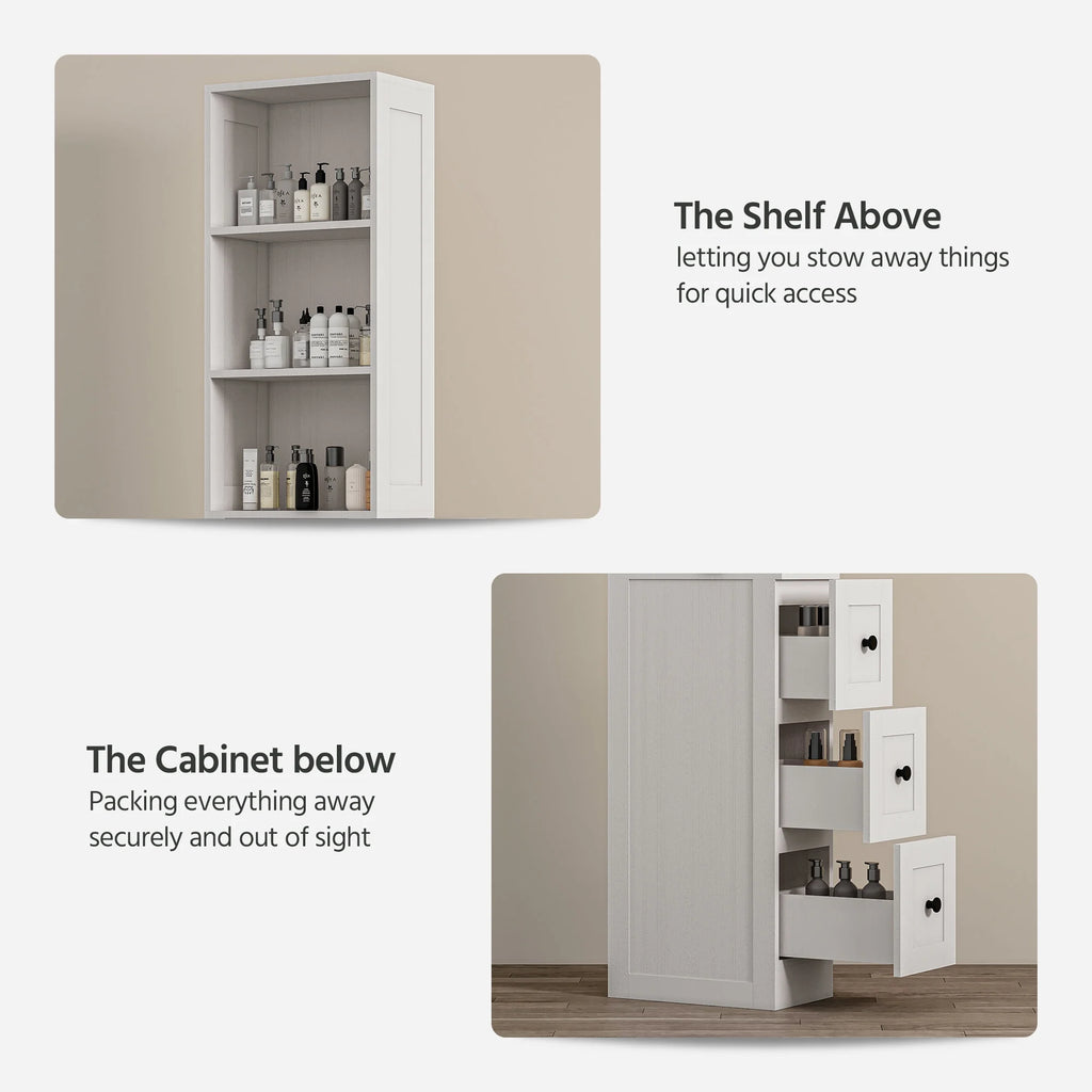 LAUSAINT HOME Bathroom Storage Cabinet, Tall Thin White Storage with 2 Adjustable Shelves & 3-level Drawers for Home, Kitchen