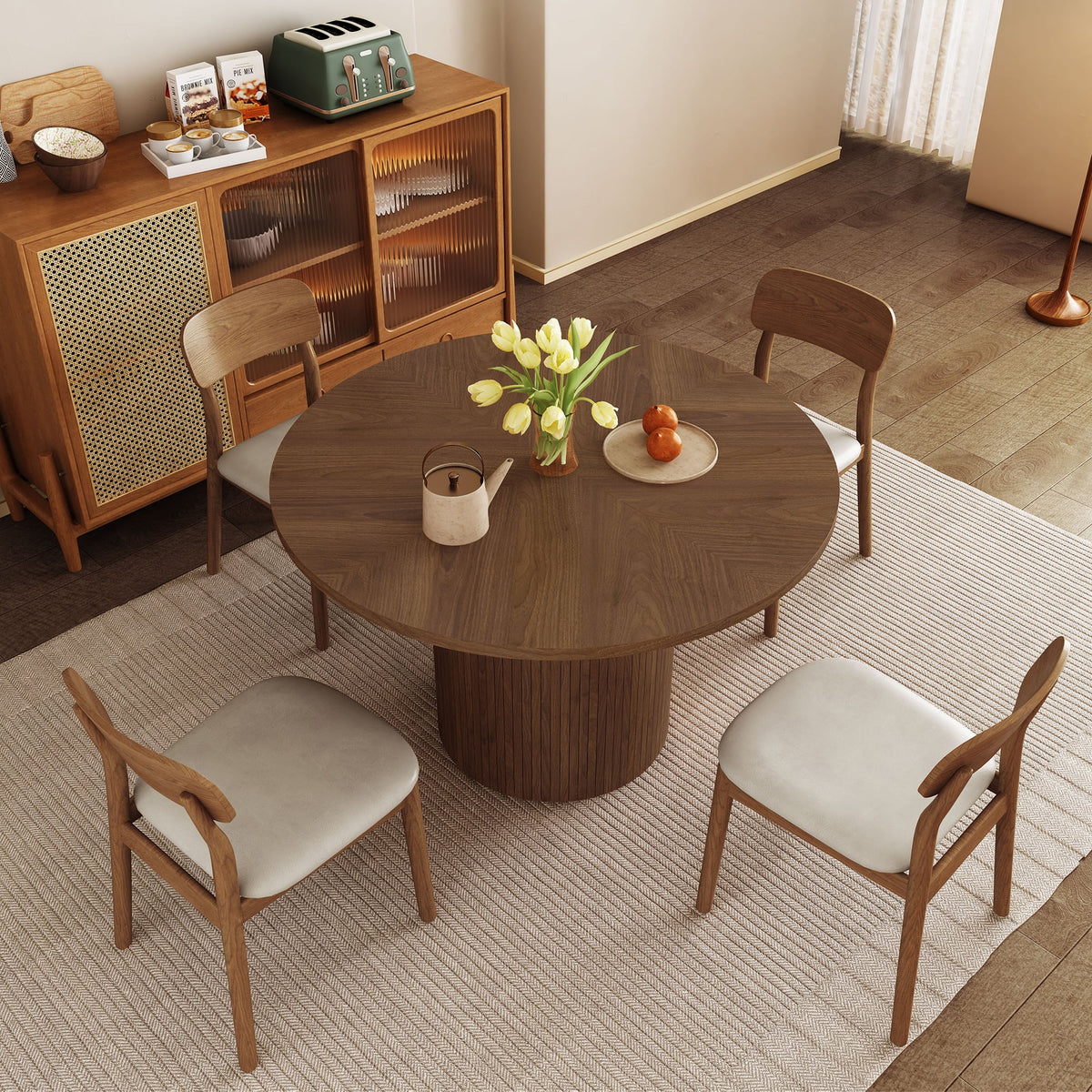 Wirrytor Round Dining Table, Modern Farmhouse Kitchen Table, 47 Inch Coffee Circle Dining Tables with Wood Strip Base for Kitchen Living Room, Black