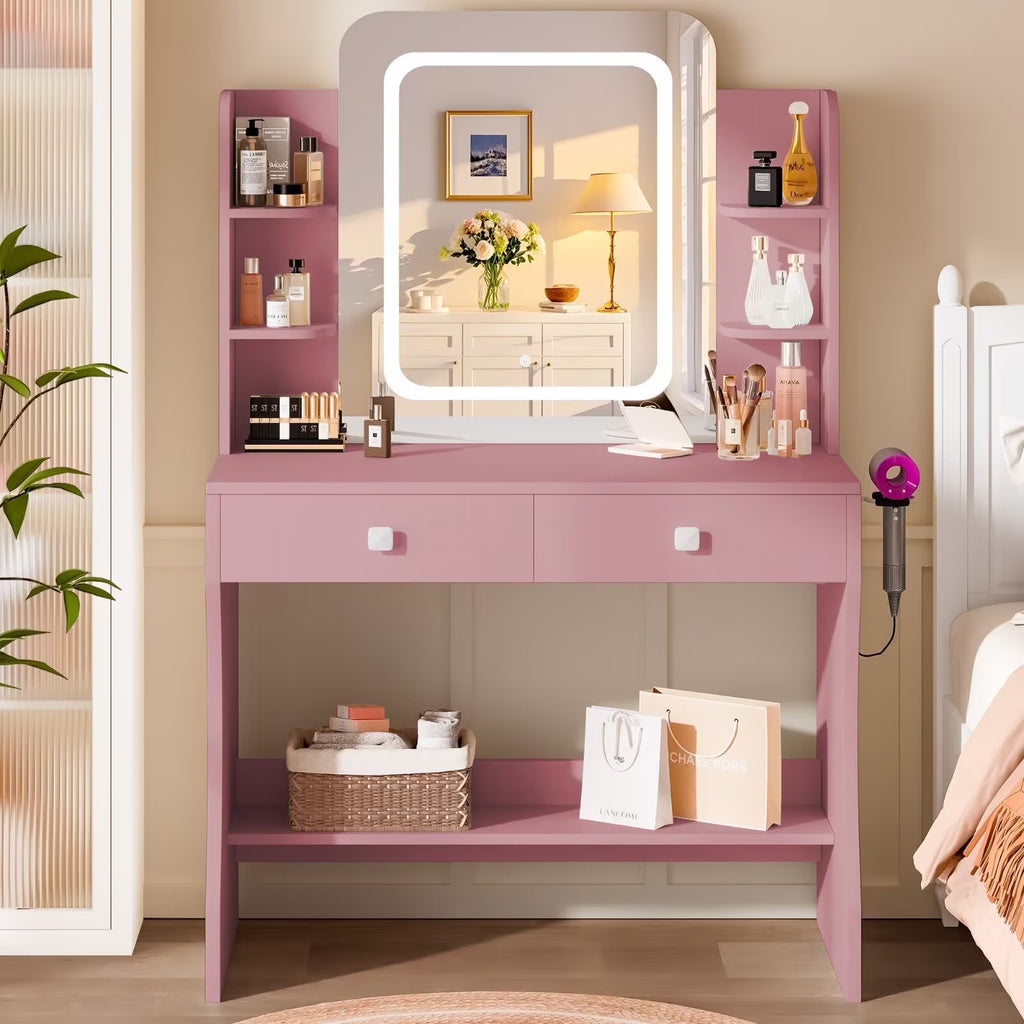 LIVELYGLOW Vanity Desk Set with Square Mirror and Light- Small Vanity Table with Drawers- White