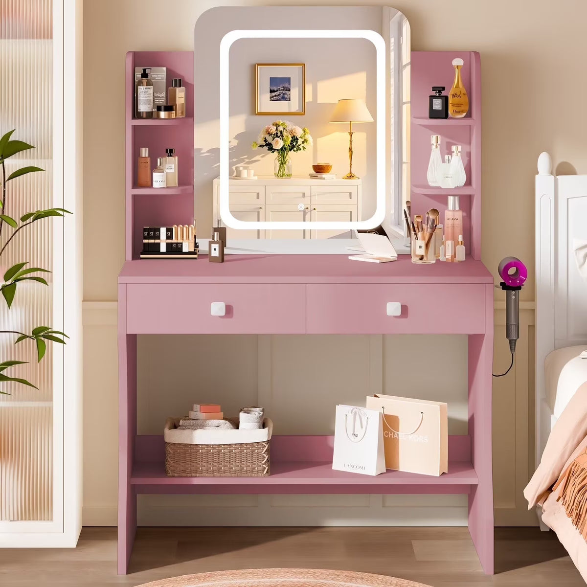 LIVELYGLOW Vanity Desk Set with Square Mirror and Light- Small Vanity Table with Drawers- White