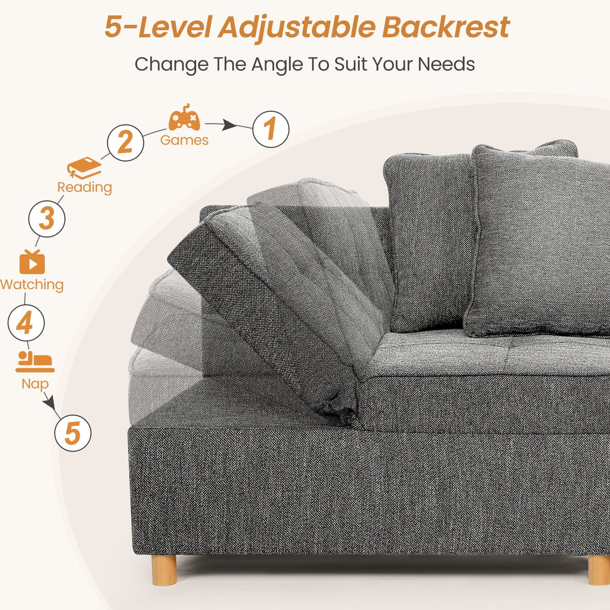 SEJOV 4-in-1 Convertible Sleeper Chair Bed, Linen Sofa Bed for Small Space, Futon Sofa with 2 Throw Pillows for Living Room, Single Recliner with 5 Adjustable Backrest for Bedroom Apartment, Brown