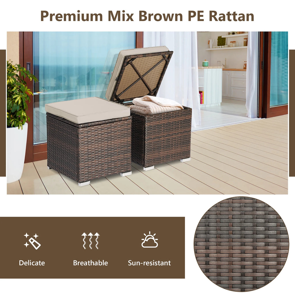 Costway 2PC Patio Rattan Ottoman Seat Side Table Storage Box Footrest Off White