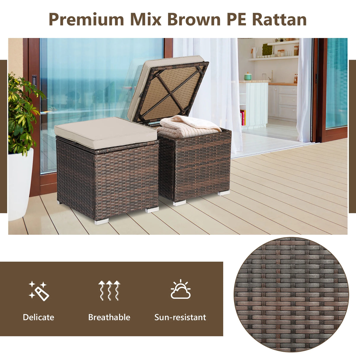 Costway 2PC Patio Rattan Ottoman Seat Side Table Storage Box Footrest Off White