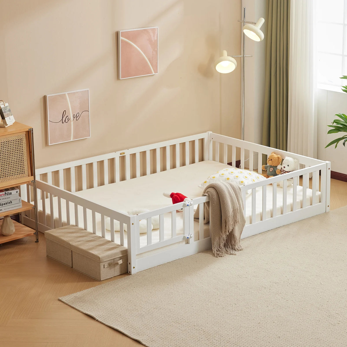 Ktaxon Montessori Twin Floor Bed with Safety Guardrails, Toddler Bed Frame for Kids, Wood Frame - Nature