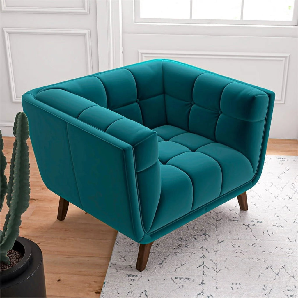 Allen Mid-Century Modern Velvet Upholstered Armchair in Blue