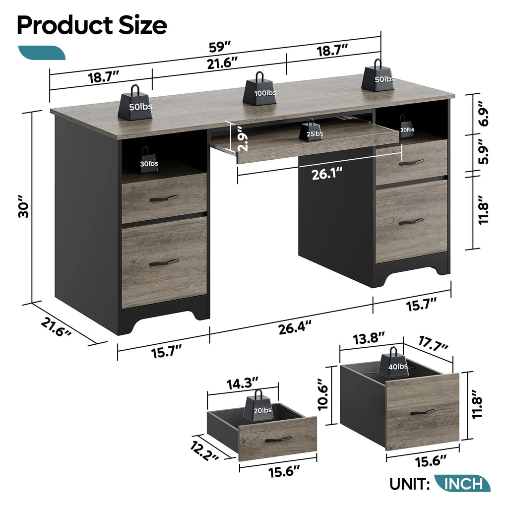 Bestier 59 Computer Desk with 4 Drawers, Office Executive Desk with File Drawer, Keyboard Tray for Home Office, Gray