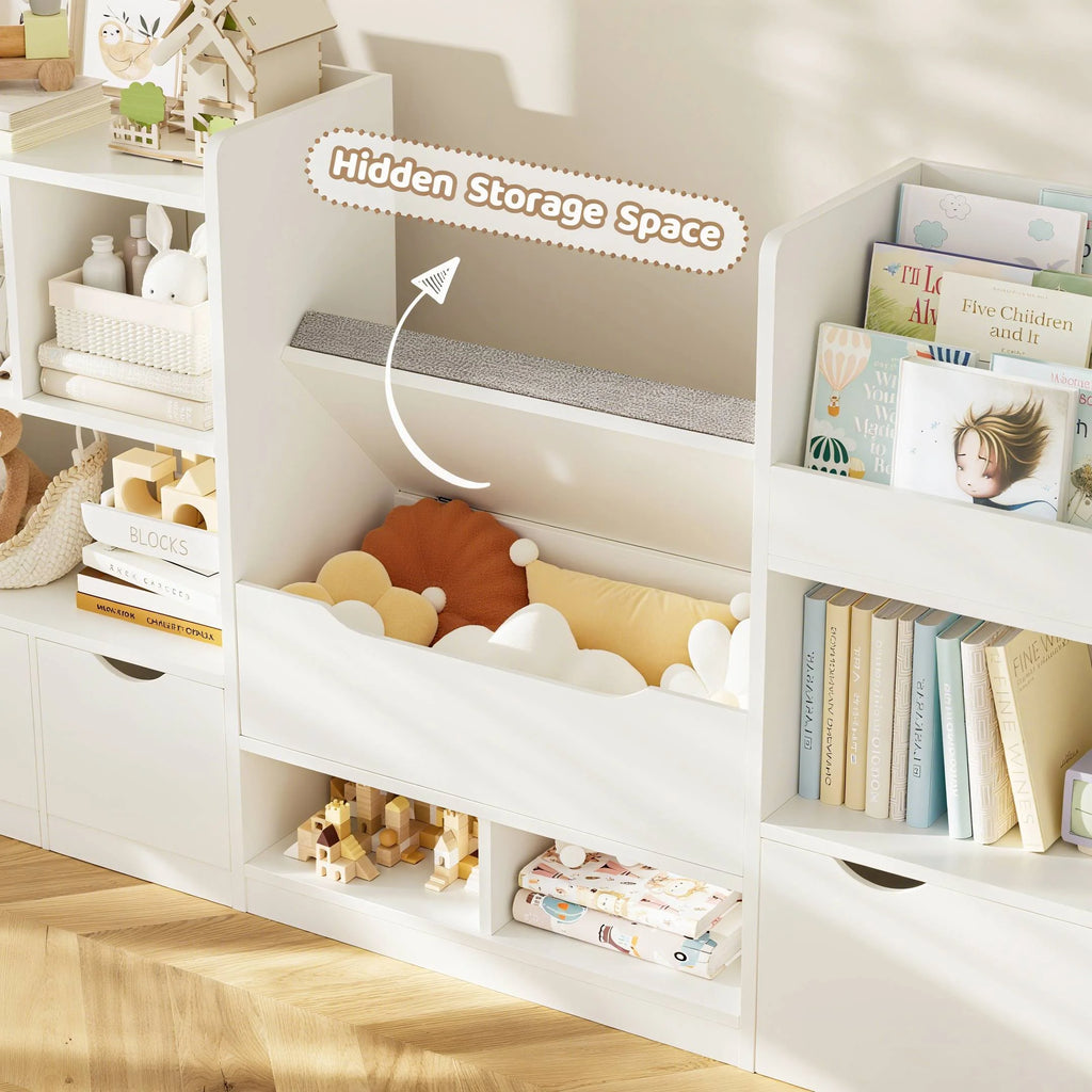 Hiphuta 72"Wide Kids Bookcase with Reading Nook and Under Bench Storage, Wooden Toy Storage Organizer & Book Rack for Kids Room, White