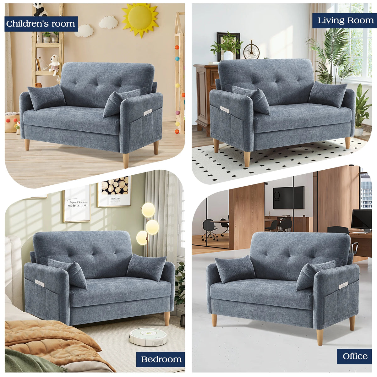 BedLuxury 47'' Wide LoveSeat, 2-seat Chenille sofa with 2 Pillows for Living Room and Small Spaces, Dark Grey