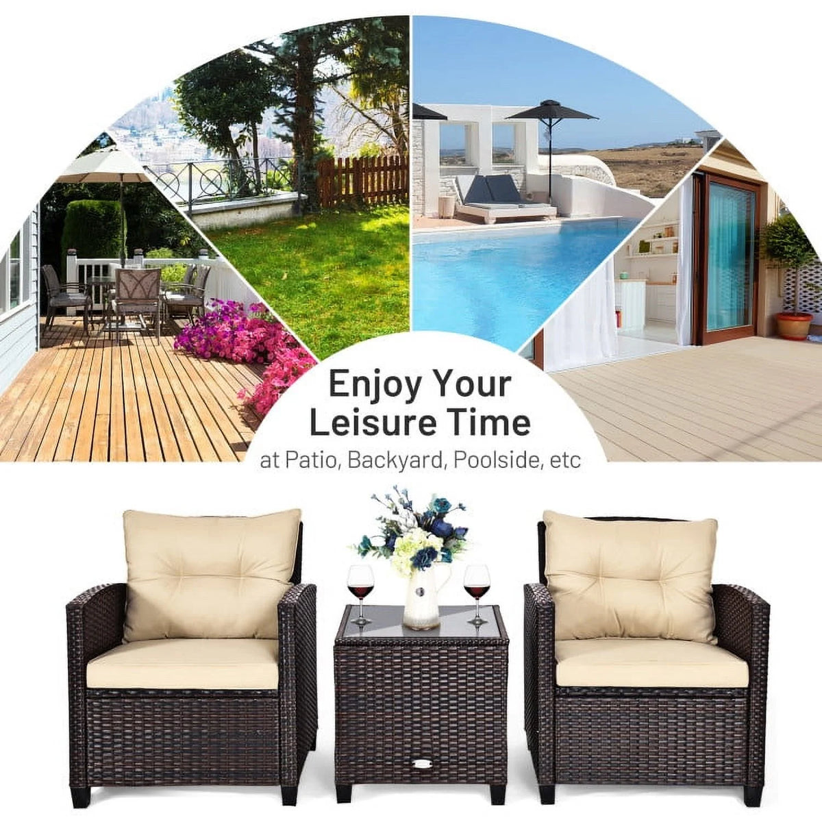 Spaco Patio Furniture 4 Pieces Patio Rattan Furniture Set, Outdoor Wicker Rattan Chairs Garden Backyard Balcony Porch Poolside loveseat with Coffee Table Cushioned Sofa-White