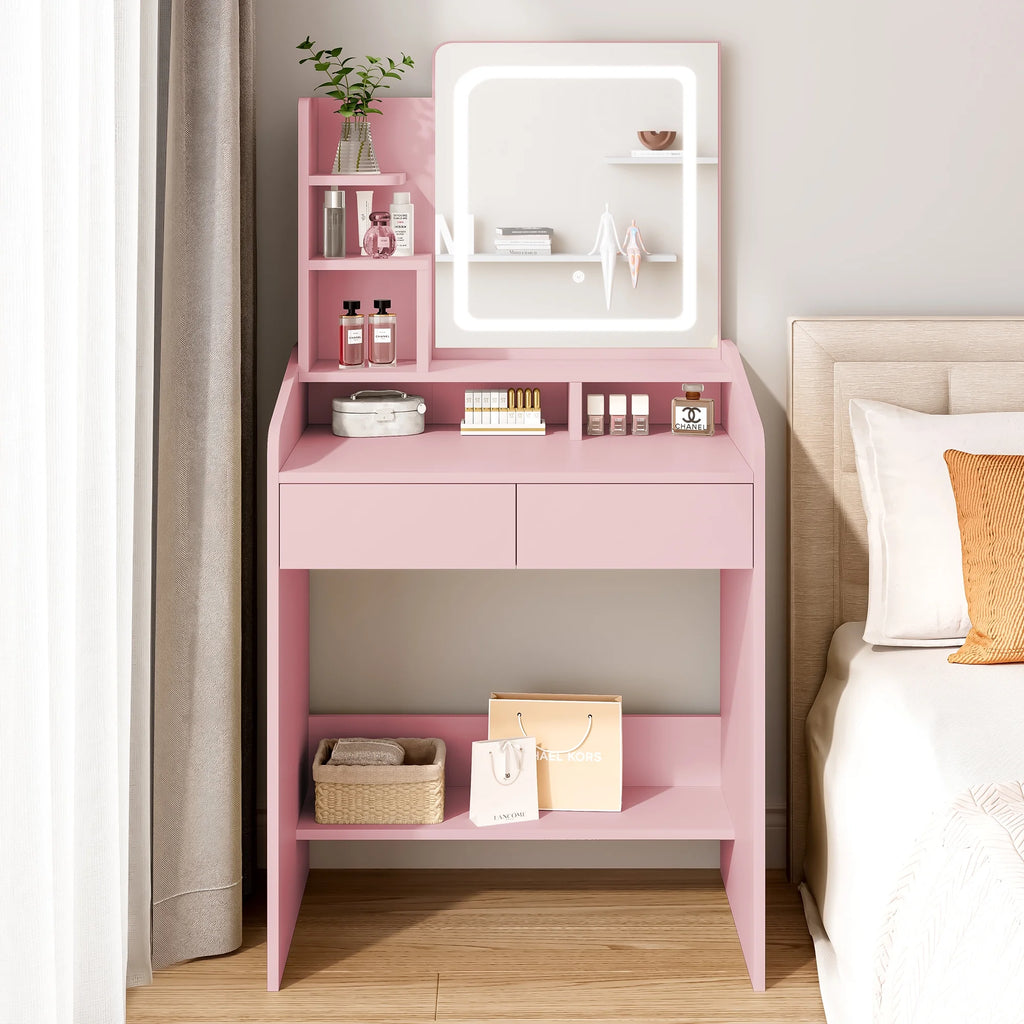 LIVELYGLOW Vanity Desk Set with Square Mirror and Light- Small Vanity Table with Drawers- White