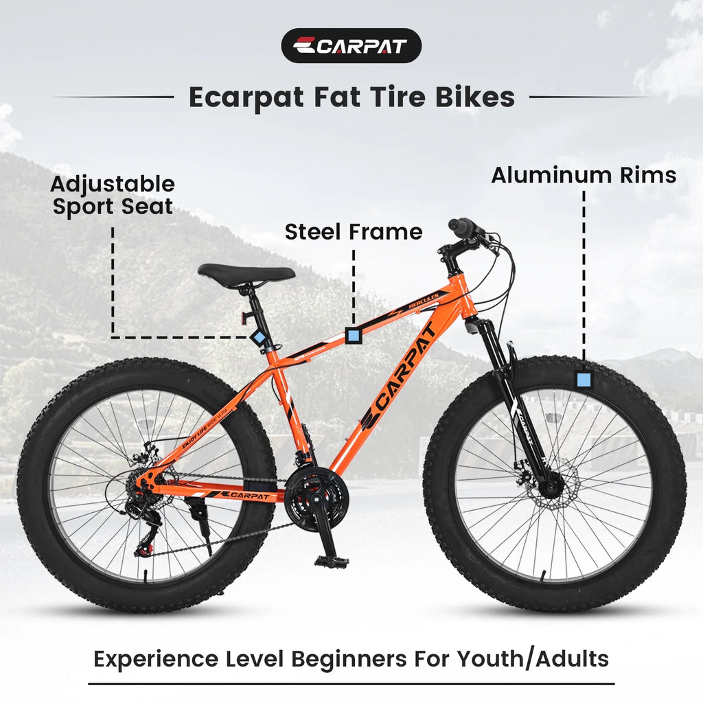 Ambifirner 26 inch City Bike Fat Tire Mountain Bike - Full Shimano 21 Speed - Dual Disc Brake - High-Carbon Steel Frame - Front Suspension for Gift