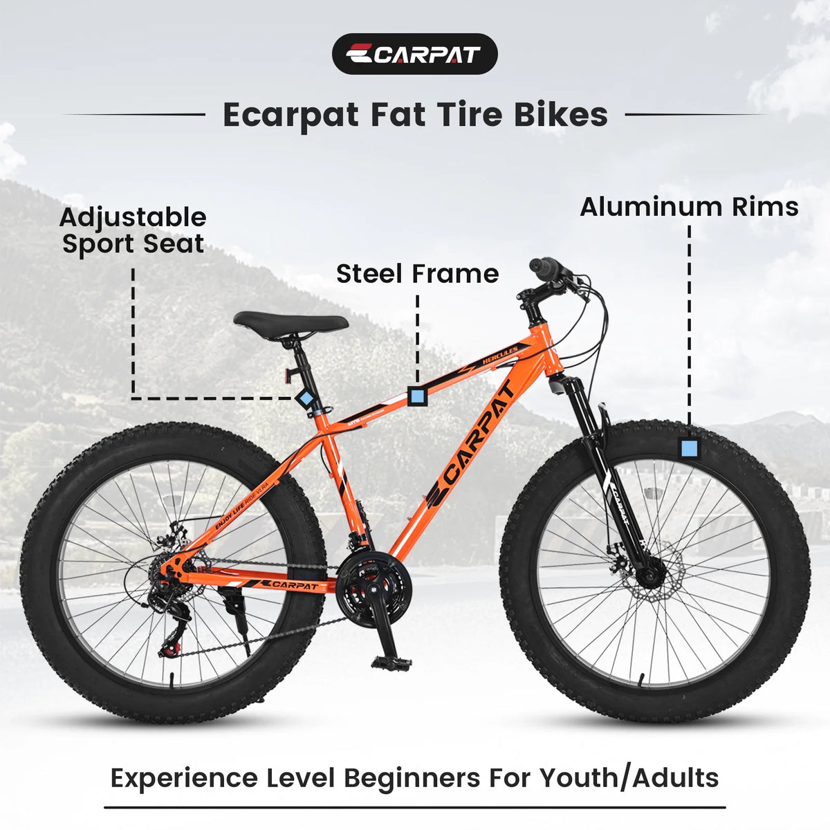 Ambifirner 26 inch City Bike Fat Tire Mountain Bike - Full Shimano 21 Speed - Dual Disc Brake - High-Carbon Steel Frame - Front Suspension for Gift