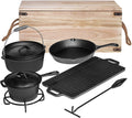 Bruntmor Camping Cooking Set Of 7 - Pre Seasoned Cast Iron Pots, Pans, and Dutch Ovens with Lids for Outdoor Campfire Cooking - Skillet Grill Cookware Set with Storage Box