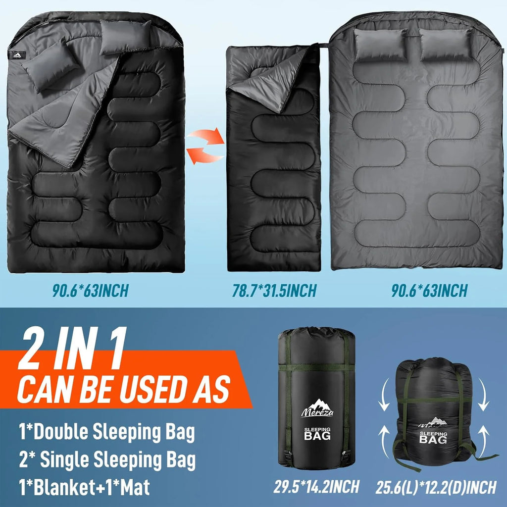 Double Sleeping Bag for Adults Mens with Pillow, XL Queen Size Two Person Sleeping Bag for All Season Camping Hiking Backpacking 2 Person Sleeping Bags for Cold Weather & Warm