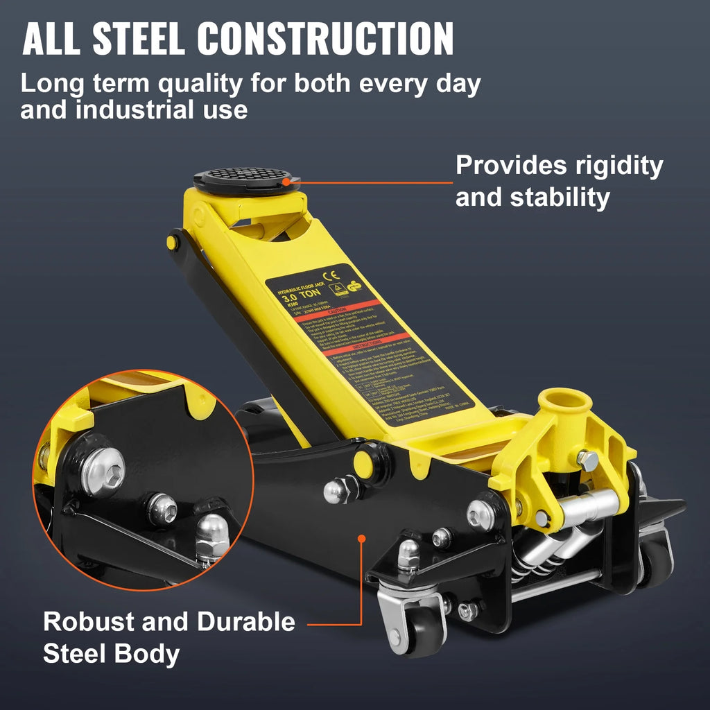 KFFKFF Low Profile Floor Jack, 3 Ton Capacity, Low-lying Steel Jack for Racing, Equipped with Efficient Dual Pistons for Rapid Elevation, Adjustable Height from 3.35 inches to 19.69 inches