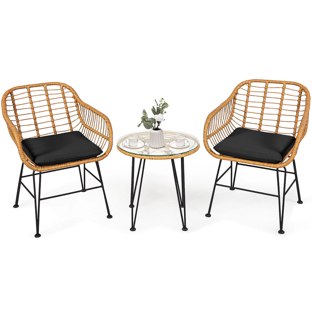 Costway 3PCS Patio Rattan Bistro Furniture Set Cushioned Chair Table Navy