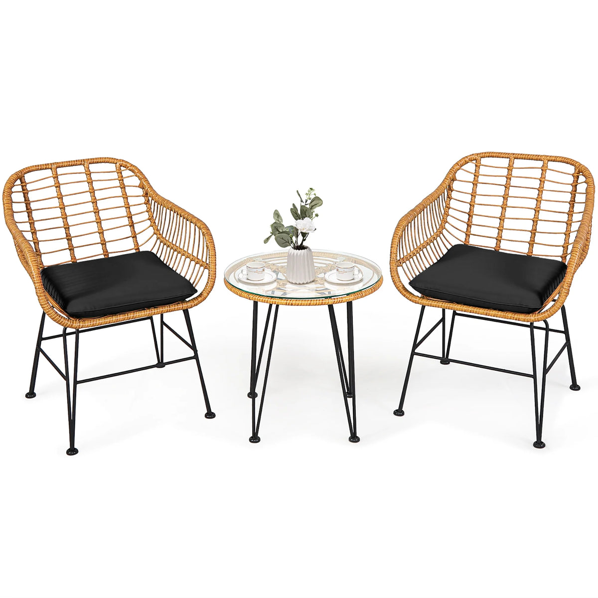 Costway 3PCS Patio Rattan Bistro Furniture Set Cushioned Chair Table Navy