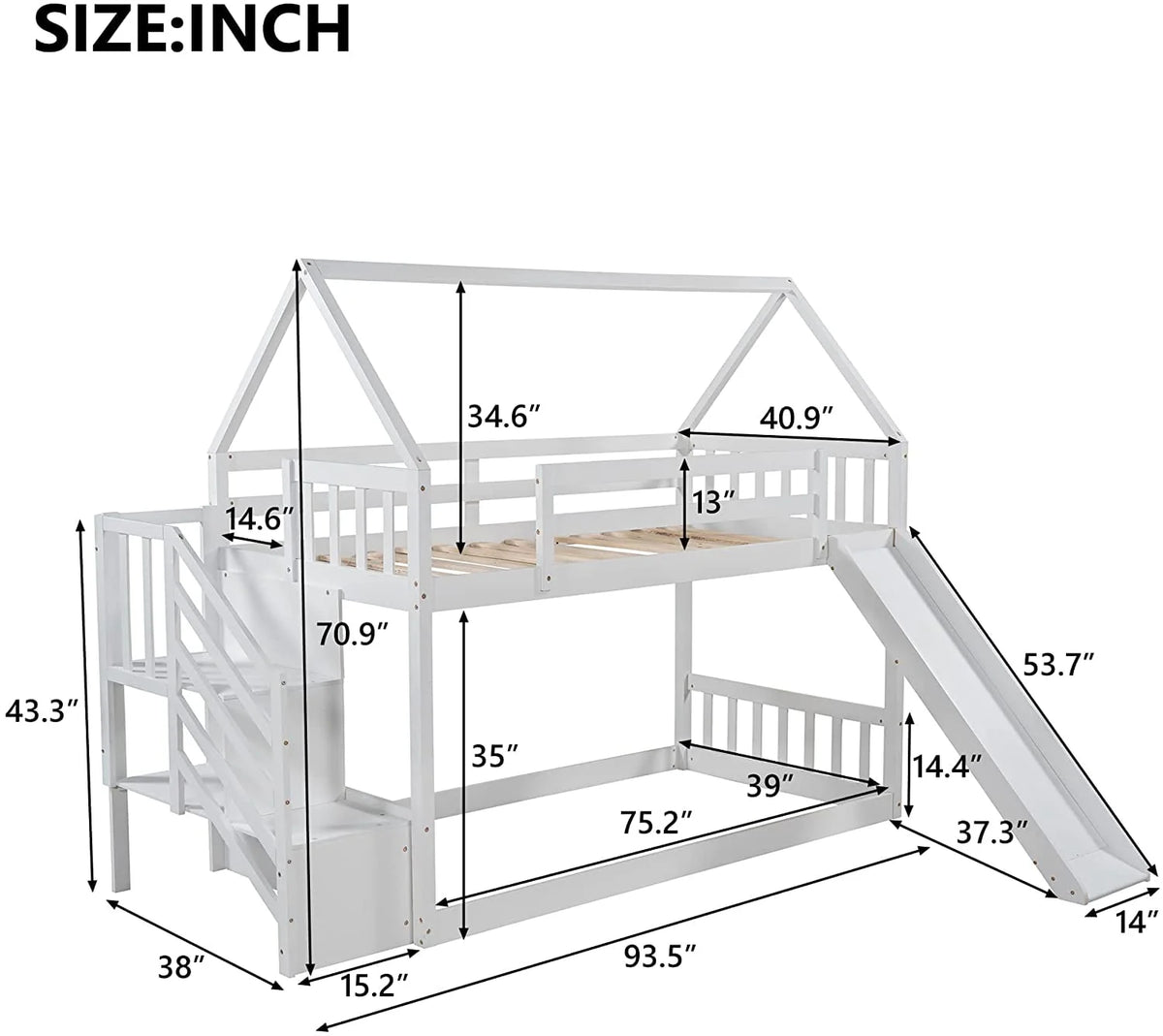 Low Bunk Bed with Slide and Stairs, Wood Twin Over Twin House Bunk Beds for Kids, Floor Bunk Bed with Stairway Easy Assembly (White)