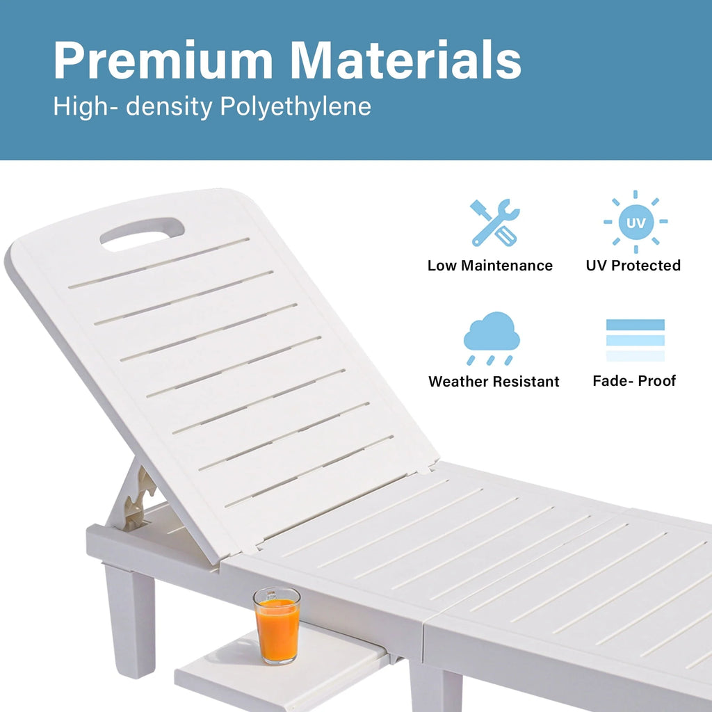 Patio Lounge Chair Set of 2, Adjustable Chaise with Side Table, Outdoor Lounger Recliner for Poolside, Patio, Backyard, Wood Texture Design | Waterproof | Easy to Assemble | Max Weight 330 lbs White