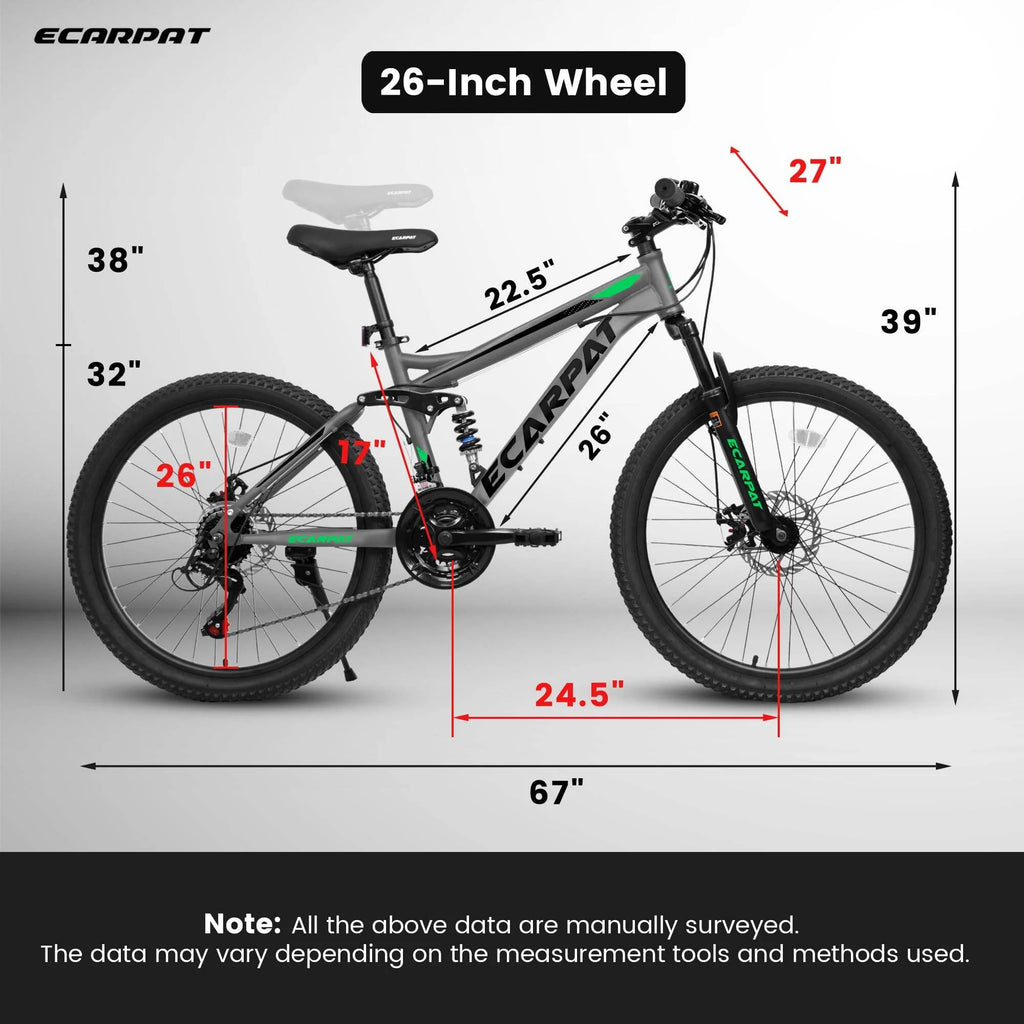 Outdoor Bike A2660 26 Inch Mountain Bike, 21-Speed Disc Brakes, Durable Frame, Front, Rear Dual-Shock Absorption, Unisex for Commuting, Travel, School, Mountain and City Road Cycling,Mountain Bike fo