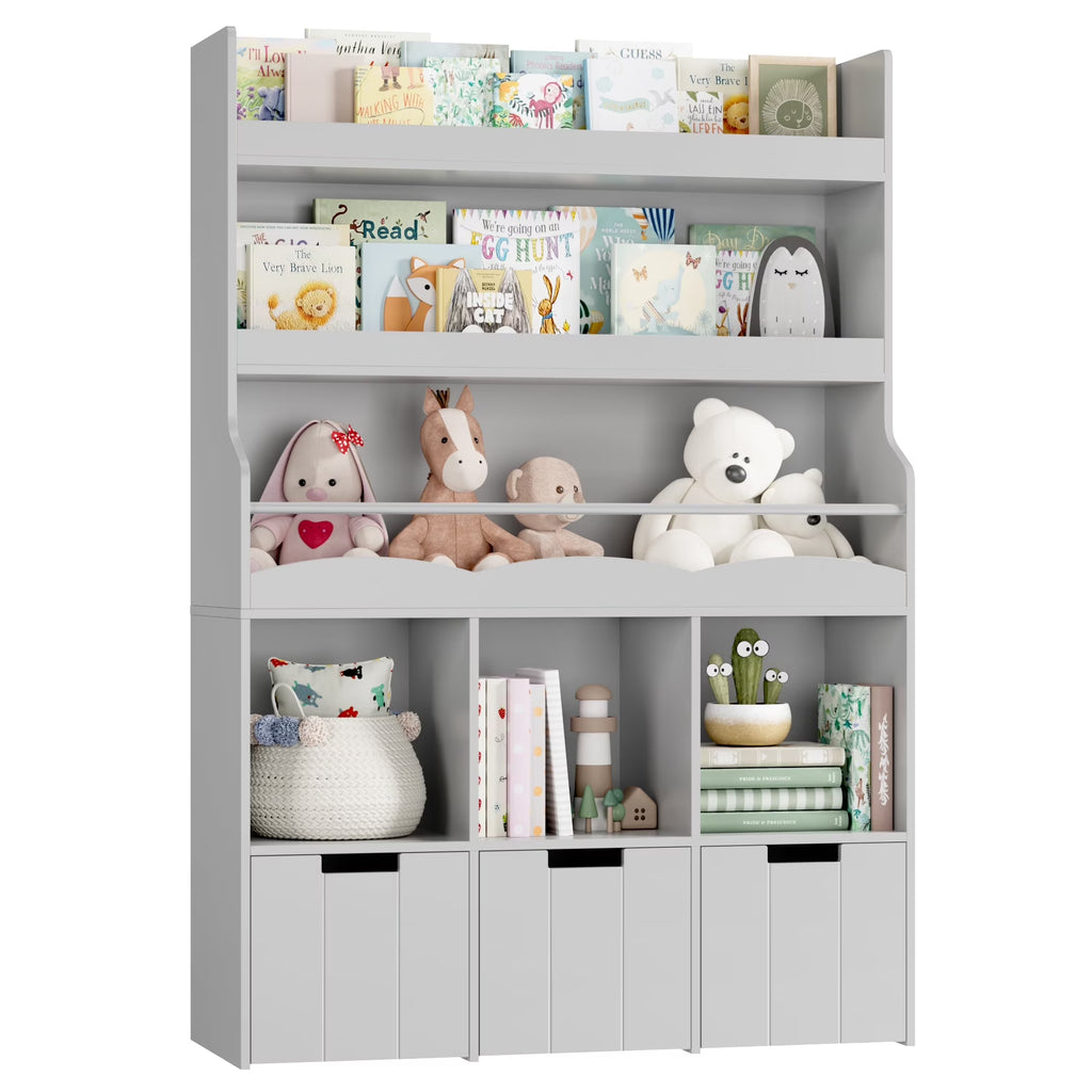 Homfa 55.5 H Kids Bookshelf with 2-Tier Book Shelves, Children Toy Organizer with 3 Cubes and Removable Drawers, White