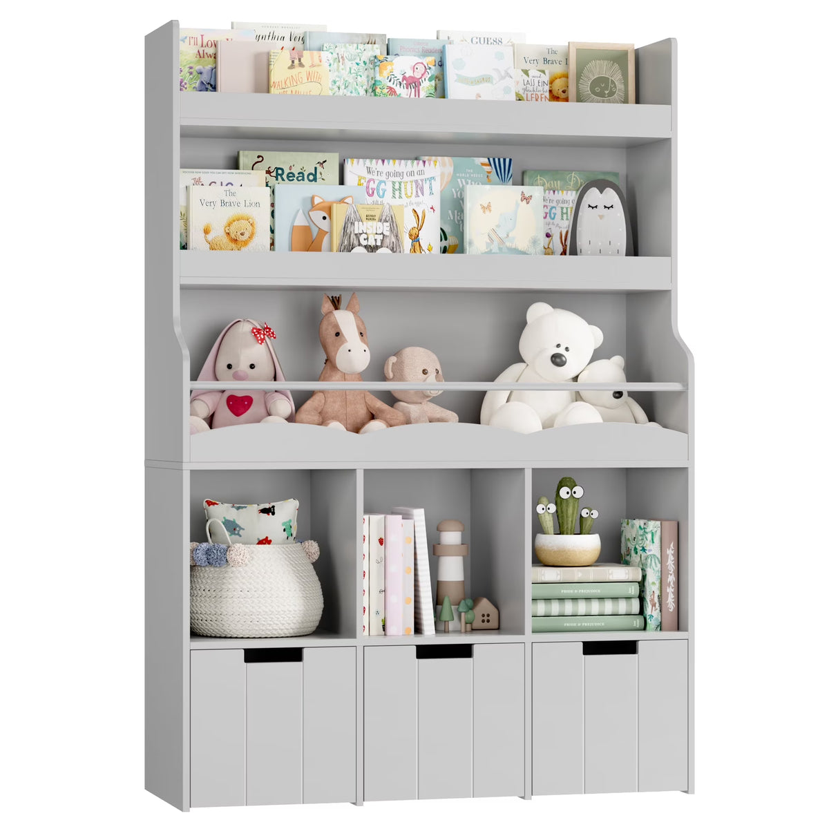 Homfa 55.5 H Kids Bookshelf with 2-Tier Book Shelves, Children Toy Organizer with 3 Cubes and Removable Drawers, White
