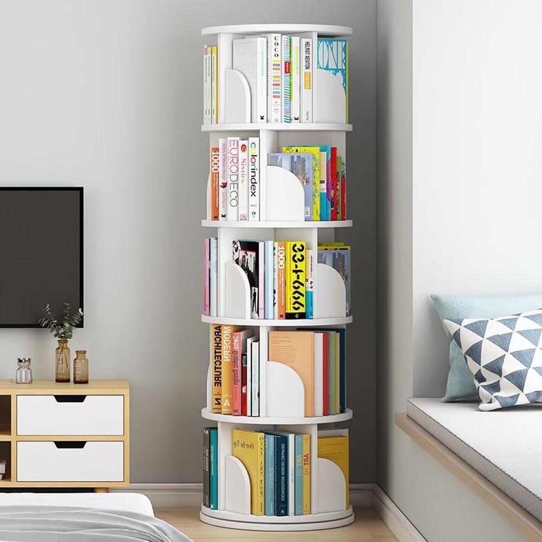 Bimiti 5 Tier Rotating Bookshelf, 360 Revolving Bookcase 20 Shelves Floor-Standing Storage Display Rack - White 63"x18"x18", Adult