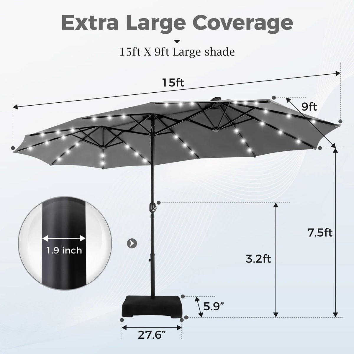 Alpha Joy 15ft Extra Large Outdoor Patio Double-Sided Umbrella with LED Solar Lights & Umbrella Base, Beige