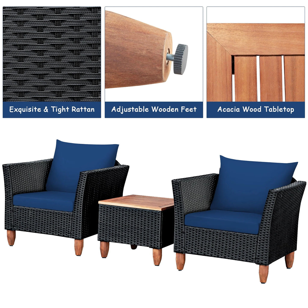 Costway 3PCS Outdoor Patio Rattan Furniture Set Wooden Table Top Cushioned Sofa Navy
