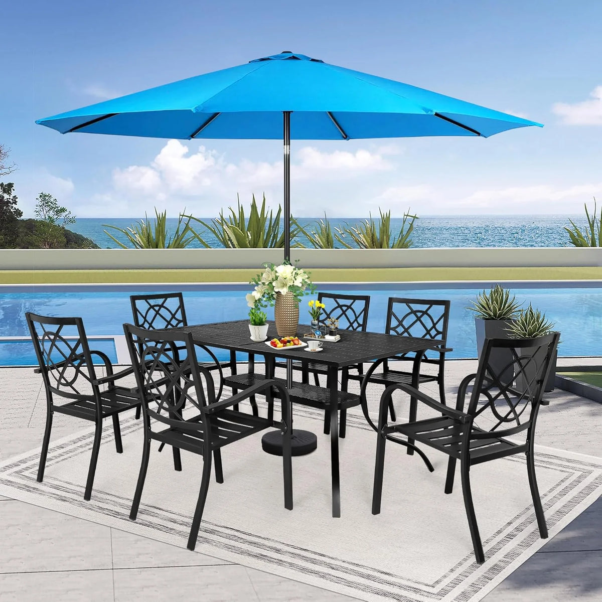 SUNCROWN 5-Piece Outdoor Wrought Iron Chairs and Table Patio Dining Furniture Set - 4 Stackable Metal Chairs, 1 Steel Slat Bistro Table and 1 Sky Blue 9Ft Patio Umbrella for Garden Backyard Deck