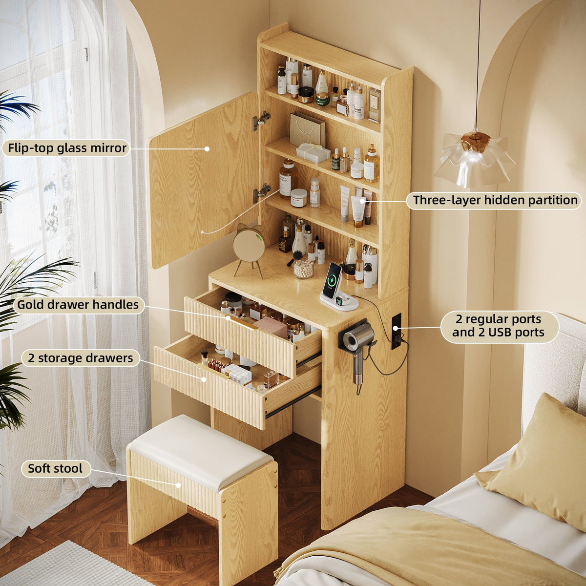 UGTOO 45.2" Modern Vanity Desk with LED Mirror & USB Charging, Wood Makeup Dressing Table with 7 Drawers for Bedroom