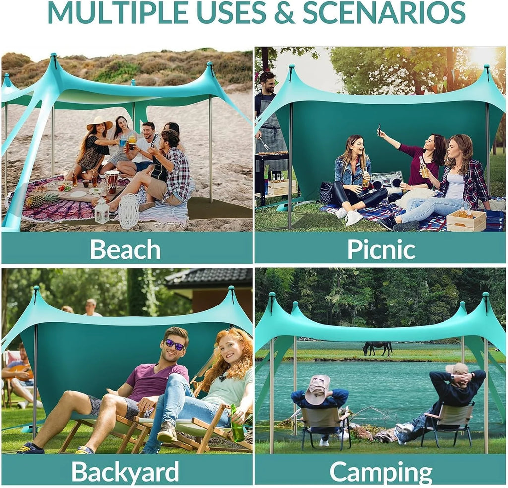 Beach Tent Canopy with 8 Sandbags 4 Aluminum Poles, Pop Up Portable Camping Sun Shelter, Easy Set Up with 2 Sand Shovel, Ground Pegs, Carrying Bag for Outdoor Beach,Picnic, Fishing