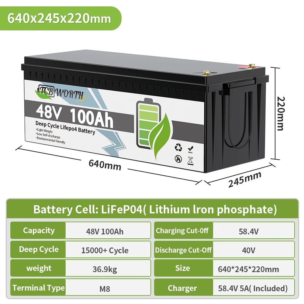 48V 100Ah LiFePO4 Lithium Battery Bluetooth,TCBWORTH Golf Carts Batteries for RV,Camping,Solar,Marine,Home Energy Storage,Built in 200A BMS,15000+Deep Cycles,2C Rate Discharging